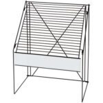 The MH-USA Tissue Paper Rack is a black metal stand with multiple horizontal bars and an open front. Its triangular sides enhance the design, complemented by a rectangular white label area at the base for simple functionality.