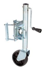 The Vestil Side Swivel Trailer Jack 800 Lb Cap features a silver finish, sturdy metal frame, and black rubber wheel. It includes a hand crank and mounting bracket for effortless trailer support and maneuvering.