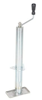 The Vestil A-Frame Trailer Jack 2000 Lb Cap features a durable metal hand crank, long cylindrical body, and sturdy rectangular base. Its black top handle allows smooth manual operation, making it crucial for heavy-duty tasks.