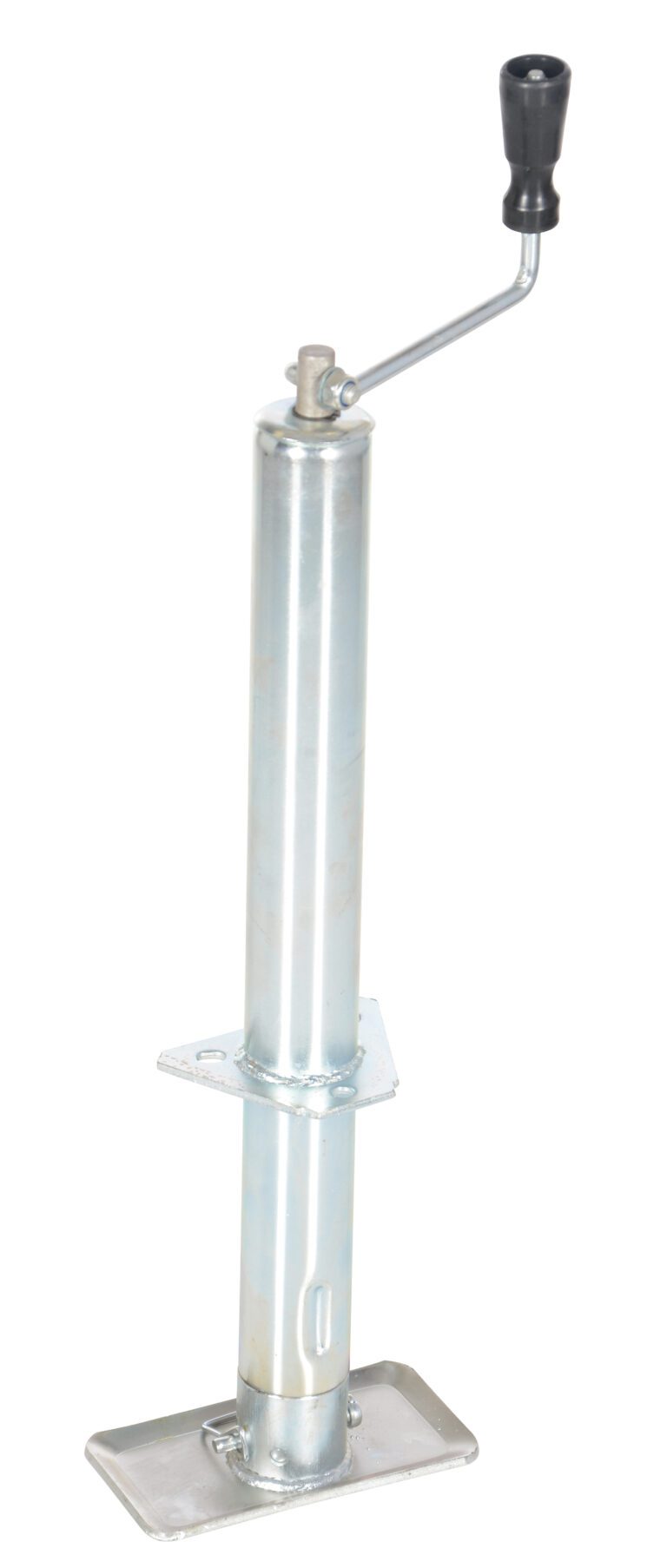 The Vestil A-Frame Trailer Jack 2000 Lb Cap features a durable metal hand crank, long cylindrical body, and sturdy rectangular base. Its black top handle allows smooth manual operation, making it crucial for heavy-duty tasks.