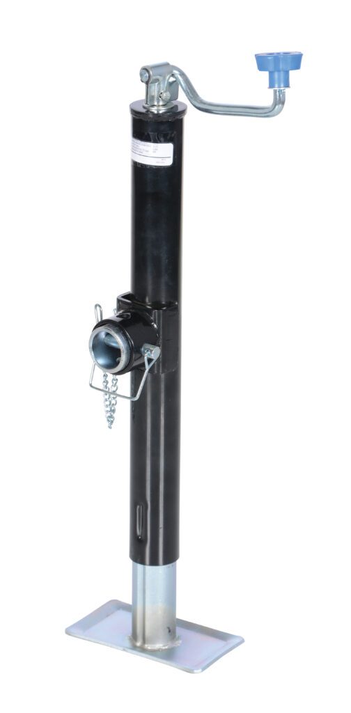 TJ-F3_A.jpg The Vestil Tube Ring Trailer Jack 2000 Lb Cap features a robust design with a black and silver finish, includes a crank handle with blue rubber grip, and offers a secure latch mechanism with chain, ensuring functionality and sturdiness for any trailer setup.