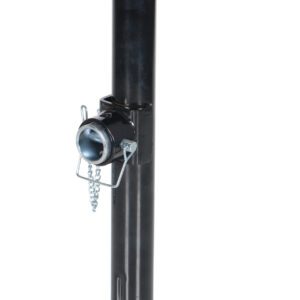 The Vestil Tube Ring Trailer Jack 2000 Lb Cap features a robust design with a black and silver finish, includes a crank handle with blue rubber grip, and offers a secure latch mechanism with chain, ensuring functionality and sturdiness for any trailer setup.