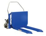 The Vestil Tilt Master Ac Power & 2000 Lb Cap pallet truck in blue features a handle with two forward prongs, a small wheel for mobility, and a hydraulic lifting mechanism. Its sturdy design and compact base make it ideal for maneuvering in tight spaces.