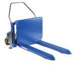 The Vestil Tilt Master DC Foot Control 2000 lb is a blue pallet jack with two long forks and a handle for manual operation. It can lift and move 2000 lb pallets in warehouses or loading areas, featuring small wheels for mobility and an easy-to-use foot control.