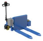 The Vestil Tilt Master DC Power Traction 2000 lb features a compact industrial design, similar to a blue electric pallet truck with DC power traction. It has two extended forks, a black handle, control buttons, and includes a yellow wheel with rectangular motor housing on the side.
