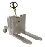 The Vestil Tilt Master 22 In Dc Stainless Steel pallet jack is designed for efficient pallet handling, featuring a robust stainless steel body, a black handle, two long forks, and a yellow control panel near the handle.