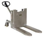 The Vestil Tilt Master 22 In Manual Stainless Steel features a sleek design with a black handle and yellow wheels, ideal for efficiently lifting and moving pallets. Its narrow fork design and CE marking ensure compliance with European safety standards.