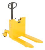 The Vestil Tilt Master Manual 2200 lb Capacity pallet jack is bright yellow with a black handle and wheels. It features two long forks for lifting pallets, displays the CE mark, and is set against a white background.