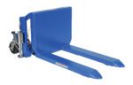 The Vestil Tilt Master DC Power 4000 lb capacity pallet truck, in blue, features elongated forks, a vertical backrest, wheels for mobility, hydraulic components, and a control handle to efficiently move heavy loads.
