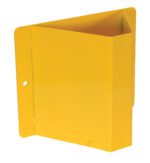 A yellow, triangular metal wall-mounted shelving unit with three panels and rounded edges, designed for books or small items, features a left-side mounting hole akin to the practicality of the Vestil Truck Mounted Wheel Chock Holder Rwc-8.