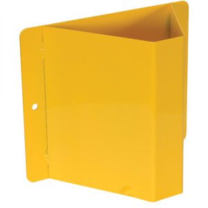 A yellow, triangular metal wall-mounted shelving unit with three panels and rounded edges, designed for books or small items, features a left-side mounting hole akin to the practicality of the Vestil Truck Mounted Wheel Chock Holder Rwc-8.
