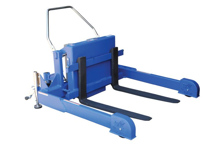 TMS-20-DC_A.jpg The blue manual pallet jack, with a metal handle and side support wheel, is designed for efficient pallet lifting and transport in warehouses or retail spaces, offering a sturdy 2,000 lb capacity that rivals the Vestil Tilt Master Strad DC Power 2000 lb Cap.