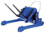 The Vestil Tilt Master Strad with AC power has a 4000 lb capacity, two metal forks, a tilt mechanism, handlebar for manual use, and wheels for easy mobility—ideal for lifting drums or barrels.