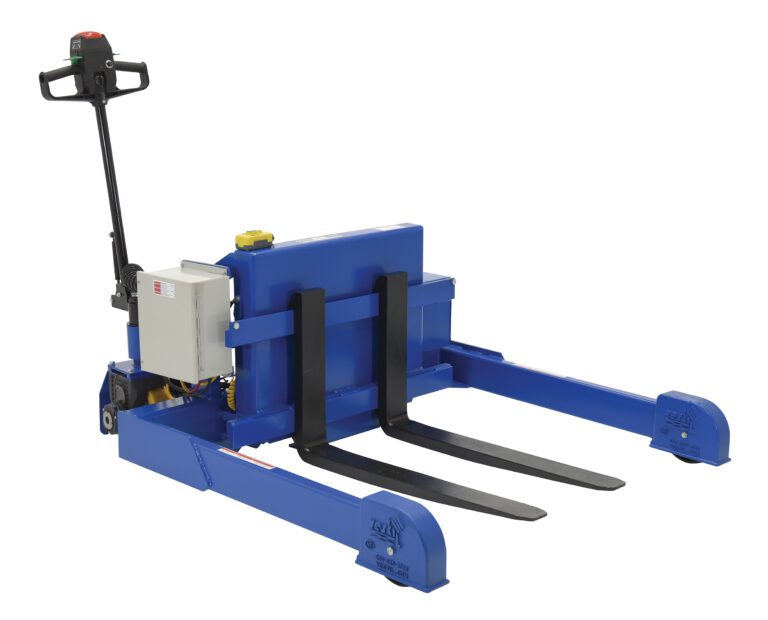 The Vestil Tilt Master Strad DC Power Traction 4000 features a sturdy DC power system with two prongs, a black handle, and a white control panel. Its compact blue rectangular casing includes a yellow button on top, combining industrial design with dependable 4000-pound traction.