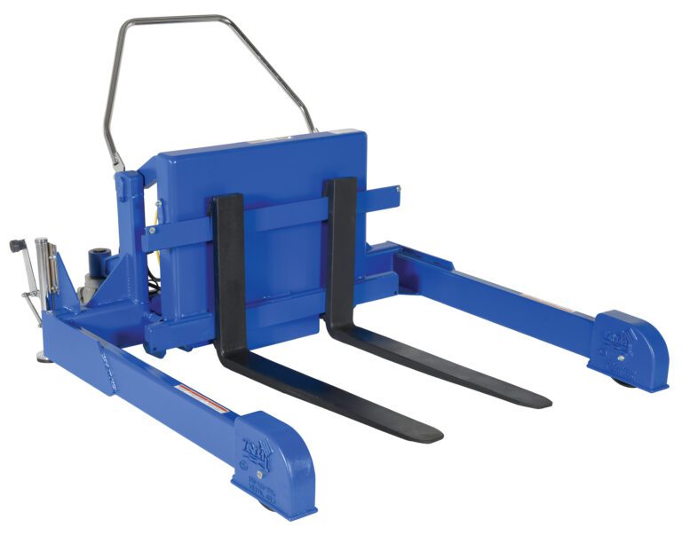 TMS-40-DC_A.jpg The Vestil Tilt Master Strad DC Power is a blue, sturdy, and practical hydraulic fork truck attachment with two black forks. It includes a handlebar and can efficiently lift and transport up to 4000 lbs using its advanced hydraulic system.