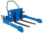 This image features the Vestil Tilt Master Strad Air/Oil Recipr, a blue manual hydraulic lift table with a black handle and two extending forks, designed for lifting up to 6000 lb. It boasts a sturdy frame and efficient hydraulic mechanism for smooth manual operation.