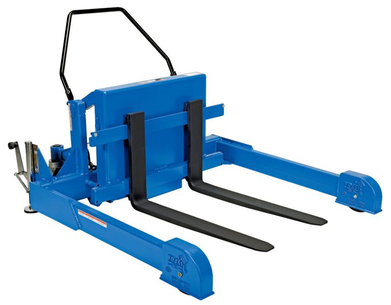 This image features the Vestil Tilt Master Strad Air/Oil Recipr, a blue manual hydraulic lift table with a black handle and two extending forks, designed for lifting up to 6000 lb. It boasts a sturdy frame and efficient hydraulic mechanism for smooth manual operation.
