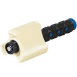 Close-up of MH-USA Mini-Wrap Dispensers black/blue textured handle grip with beige plastic part and black adjustable knob, providing ergonomic control for efficient use.