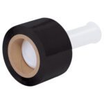 A roll of MH-USA 3 x 80 Gauge x 1000 Black Bundling Stretch Wrap, featuring a white plastic handle for easy use; it’s partially unrolled showing the brown cardboard core and is vertically aligned for dispensing and storage.