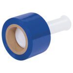 The blue packing tape on a white dispenser pairs well with the MH-USA 3 x 80 Gauge x 1000 Blue Bundling Stretch Wrap (18/Case), highlighting its cardboard core and suitability for all packaging needs.