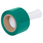 A roll of MH-USA 3 x 80 Gauge x 1000 Green Bundling Stretch Wrap with a white plastic dispenser. The shiny wrap partially reveals a cardboard core at the center, and the cylindrical handle offers an easy grip for smooth application.