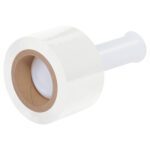 A roll of MH-USA 3 x 80 Gauge x 1000 White Bundling Stretch Wrap, with a white holder and handle. The roll is partially unwrapped, exposing the cardboard core. The cylindrical handle ensures easy grip for efficient bundling.