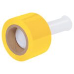 A roll of MH-USA 3 x 80 Gauge x 1000 Yellow Bundling Stretch Wrap, featuring a cardboard core and white plastic dispenser, is angled slightly on a plain white background.