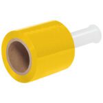 The MH-USA 5 x 80 Gauge x 1000 yellow bundling stretch wrap, featuring a white handle for easy application and a visible brown cardboard core when unrolled, is available in a case of 12 rolls.