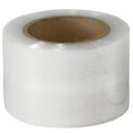 A roll of clear packing tape with a brown cardboard core stands upright against a white background, similar in functionality and reliability to the MH-USA 3 x 100 Gauge x 650 Bundling Stretch Wrap (4 Rolls/Case).