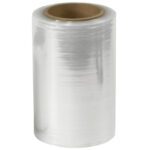 An unwound roll of MH-USA 7 1/2 x 80 Gauge x 1000 Bundling Stretch Wrap, from a set of four rolls per case, stands upright with its cardboard core visible. Its shiny surface reflects light beautifully.