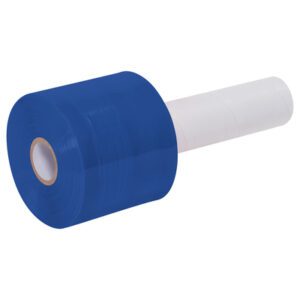 The MH-USA 3 x 80 Gauge x 1000 Blue Extended Core Bundling Film features a white handle for easy bundling and comes in an 18-roll case. It rests horizontally on a plain white background, tightly wound and ready to use.
