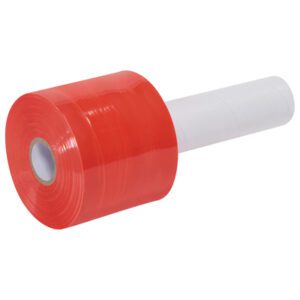 The MH-USA 3 x 80 Gauge x 1000 Red Extended Core Bundling Film (18 rolls/case) with a white ergonomic handle is tightly wound for optimal packaging or wrapping and ensures effortless application.