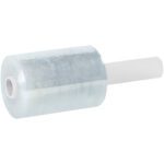 A roll of MH-USA 5 x 80 Gauge x 1000 Extended Core Bundling Film is displayed against a simple background, with the clear plastic stretch film wrapped around a white core, partially unrolled to show its smooth, shiny surface.