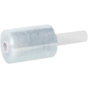 A roll of MH-USA 5 x 80 Gauge x 1000 Extended Core Bundling Film is displayed against a simple background, with the clear plastic stretch film wrapped around a white core, partially unrolled to show its smooth, shiny surface.