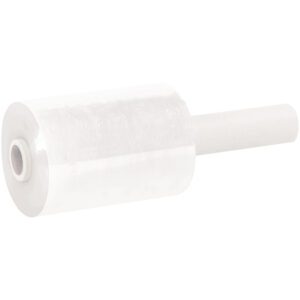 A MH-USA 5 x 80 Gauge x 1000 White Extended Core Bundling Film roll, with a protective covering and extended handle, is placed horizontally on a white background.