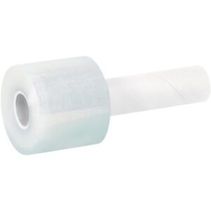 An MH-USA 3 x 120 Gauge x 600 Extended Core Bundling Film (18/Case) roll, featuring a white cardboard core and handle, appears partially unwrapped against a plain white background.