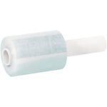 A roll of MH-USA 5 x 150 Gauge x 600 Extended Core Bundling Film features a glossy surface and a white cylindrical handle on one end for easy grip.