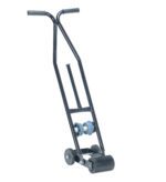A black metal carpet dolly with two handles and small wheels on one end, designed for moving heavy carpets, stands upright against a white background. Its as essential for flooring tasks as the Vestil Floor Tape Applicator 6.5 In Max Roll is for precise tape rolling.