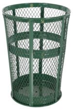 The Vestil Trash Receptical Exp Metal Round 48 Gallon-Green has a durable green metal mesh design, featuring a circular opening, three horizontal rings for support, and a solid bottom that complements its open grid sides for enhanced functionality and style.