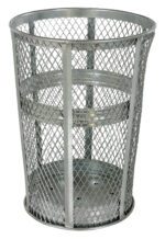 The Vestil Trash Receptical Exp Metal Round 48 Gallon-Galv is a cylindrical metal waste bin with an expanded mesh design, metallic finish, and elevated solid base for stability, allowing visibility of contents.