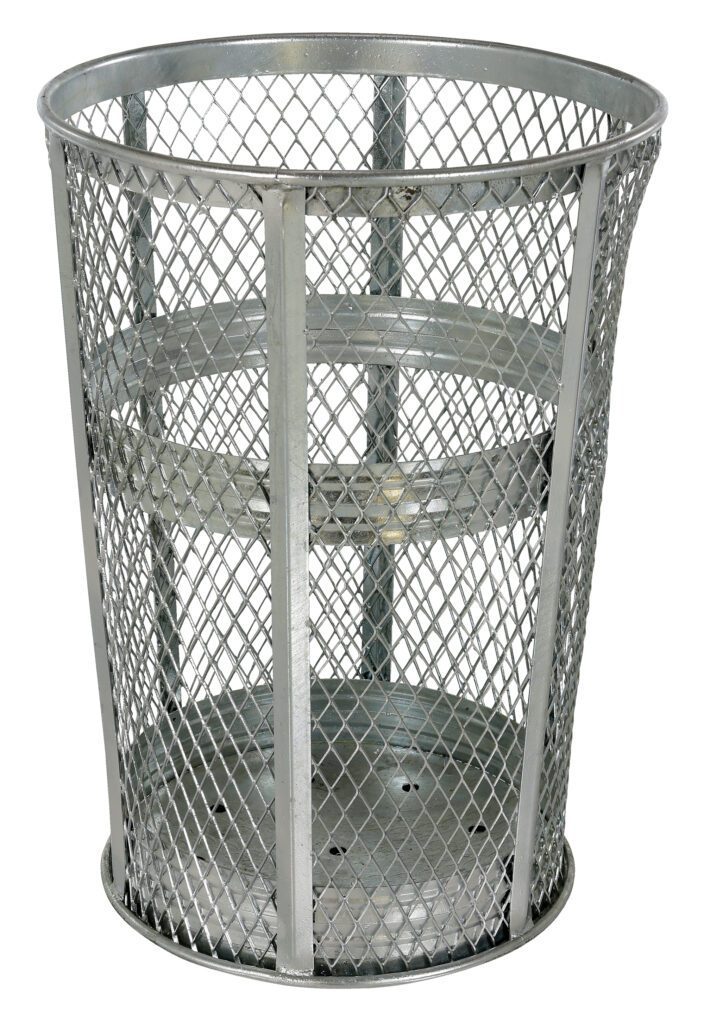 The Vestil Trash Receptical Exp Metal Round 48 Gallon-Galv is a cylindrical metal waste bin with an expanded mesh design, metallic finish, and elevated solid base for stability, allowing visibility of contents.