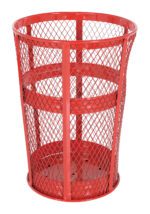 The Vestil Trash Receptacle Exp Metal Round 48 Gallon-Red boasts a red cylindrical mesh with diamond-shaped openings and a solid metal base, reinforced with bands for stability and durability in any setting.