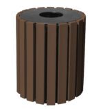 The Vestil Trash Receptical Poly Round 33 Gal-Brown features a sleek design with vertical brown slats, a black lid, and a central circular opening. Ideal for outdoor spaces, it effortlessly holds up to 33 gallons of waste.