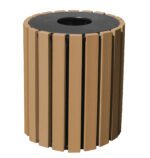The Vestil Trash Receptacle Poly Round 33 Gal-Cedar features a stylish cylindrical design, vertical cedar-like wooden slats, and a sleek black top with a circular opening, combining elegance and functionality in its spacious 33-gallon capacity.