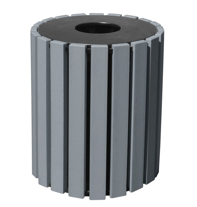 The Vestil Trash Receptacle Poly Round 33 Gal-Char boasts a stylish design with vertical gray slats around its cylindrical body, a black top, and a central circular opening for easy waste disposal.