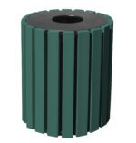 The Vestil Trash Receptical Poly Round 33 Gal-Green is a modern, sturdy green cylindrical can with vertical slats and a round top opening for easy waste disposal, ideal for outdoor spaces.