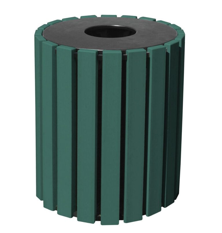 The Vestil Trash Receptical Poly Round 33 Gal-Green is a modern, sturdy green cylindrical can with vertical slats and a round top opening for easy waste disposal, ideal for outdoor spaces.
