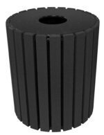 The Vestil Trash Receptacle Poly Round 49 Gal-Black boasts a sleek, modern design with its cylindrical shape, black finish, vertical ribbed panels, and a circular top opening, offering both style and functionality for any space.
