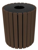 The Vestil Trash Receptacle Poly Round 49 Gal-Brown showcases a brown cylindrical design with vertical slats and a black circular top opening.