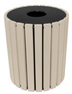 The Vestil Trash Receptical Poly Round 49 Gal-Sand boasts a modern cylindrical design with vertical beige wooden slats around a durable black plastic core, featuring a round top opening. Ideal for any setting, this 49-gal model provides a clean and contemporary look.